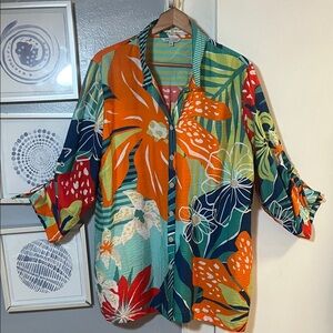 John Mark Women’s Plus Size 1X Tropical Floral Button-Up Tunic